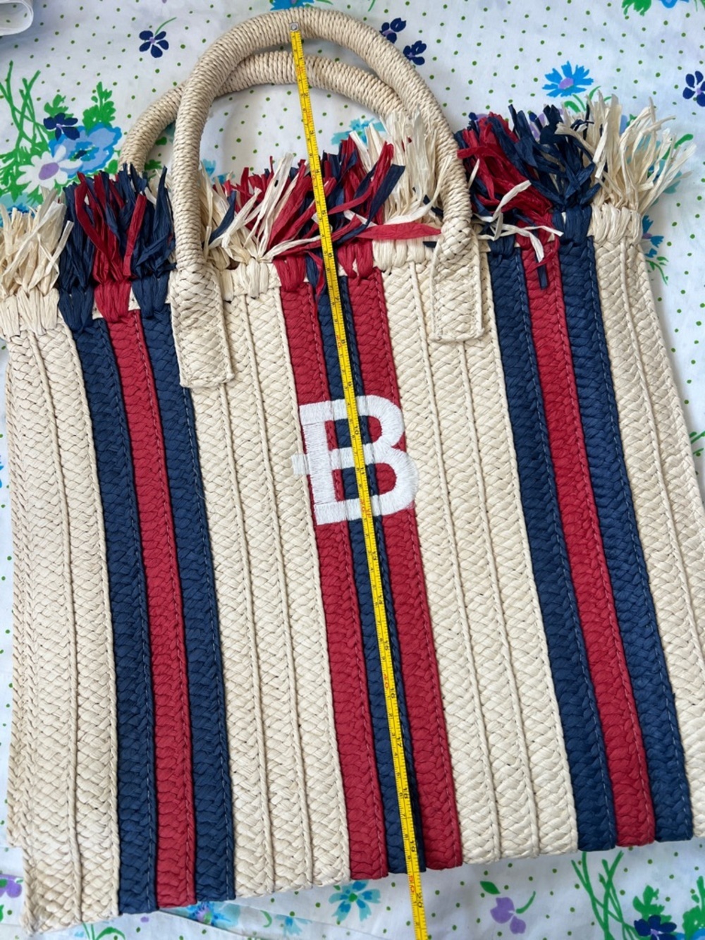 Mark and Graham Fringe Top Tote Natural Navy Red Woven Straw NWOT - B - Picture 11 of 13